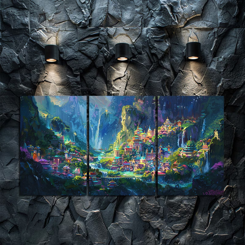3pcs Asian Inspired Mountain Surrounded City Wall Art Set Canvas Framed 40x60cm - High Quality Print 100% Australian Made Wall Canvas Ready to Hang - Bella Home Decor