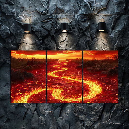 3pcs Epic Fantasy Lava River Sunset Wall Art Set Canvas Framed 60x90cm - High Quality Print 100% Australian Made Wall Canvas Ready to Hang