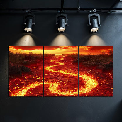 3pcs Epic Fantasy Lava River Sunset Wall Art Set Canvas Framed 50x70cm - High Quality Print 100% Australian Made Wall Canvas Ready to Hang