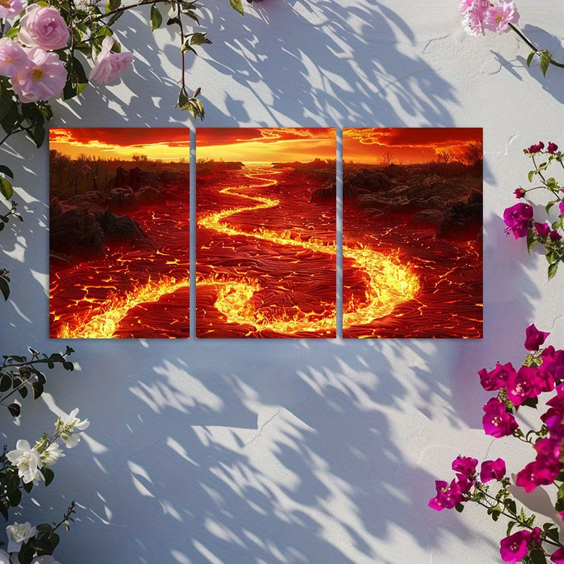 3pcs Epic Fantasy Lava River Sunset Wall Art Set Canvas Framed 60x90cm - High Quality Print 100% Australian Made Wall Canvas Ready to Hang