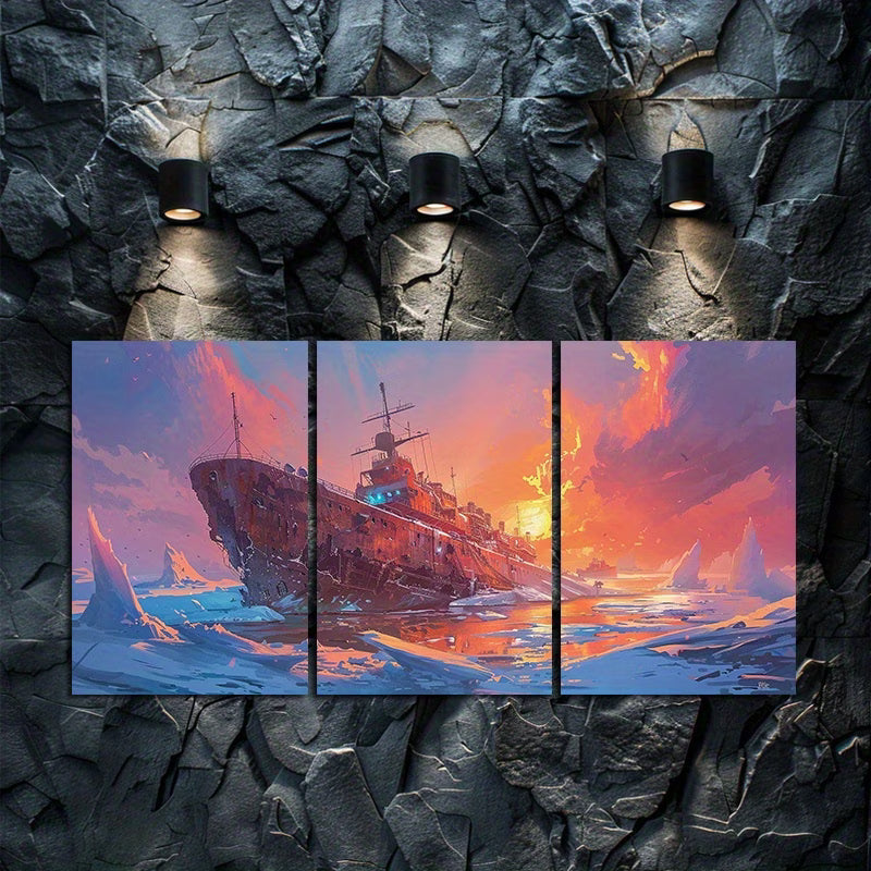 3pcs An Icebreaker Shipwreck in The Arctic Wall Art Set Canvas Framed 50x70cm - High Quality Print 100% Australian Made Wall Canvas Ready to Hang - Bella Home Decor