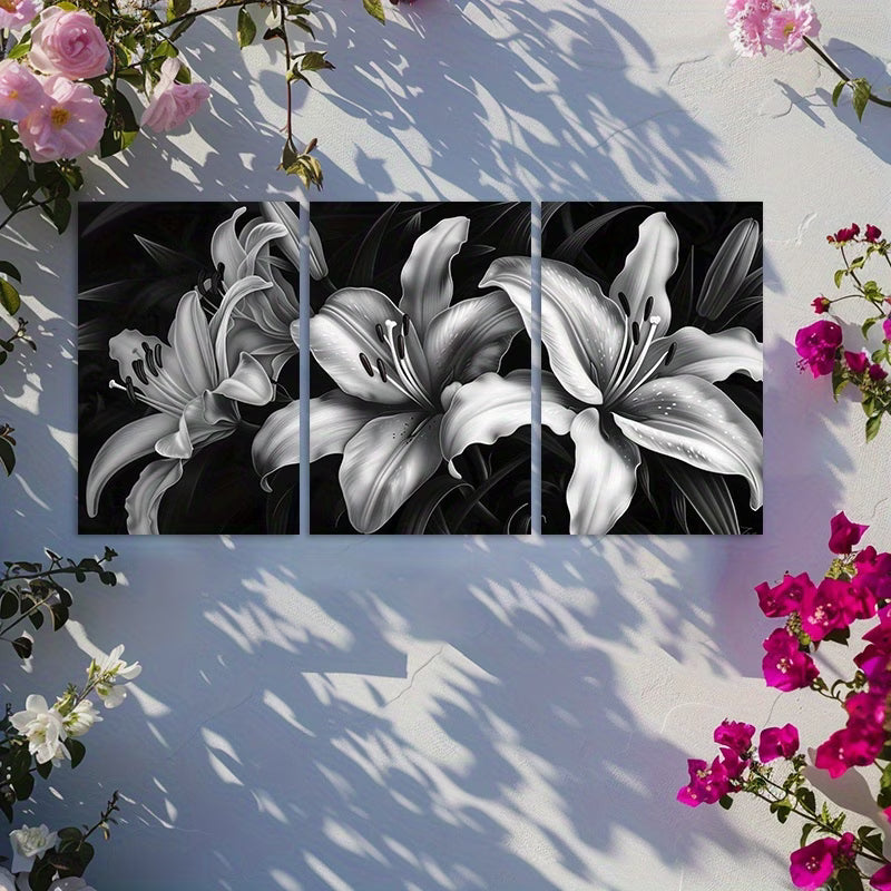 3pcs Black & White Night Lilies Wall Art Set Canvas Framed 60x90cm - High Quality Print 100% Australian Made Wall Canvas Ready to Hang