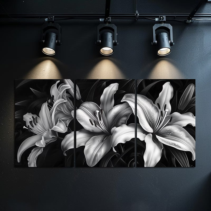 3pcs Black & White Night Lilies Wall Art Set Canvas Framed 60x90cm - High Quality Print 100% Australian Made Wall Canvas Ready to Hang