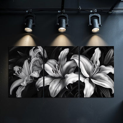 3pcs Black & White Night Lilies Wall Art Set Canvas Framed 60x90cm - High Quality Print 100% Australian Made Wall Canvas Ready to Hang