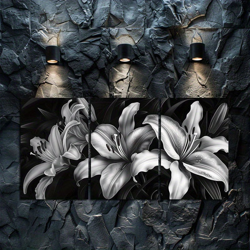 3pcs Black & White Night Lilies Wall Art Set Canvas Framed 60x90cm - High Quality Print 100% Australian Made Wall Canvas Ready to Hang