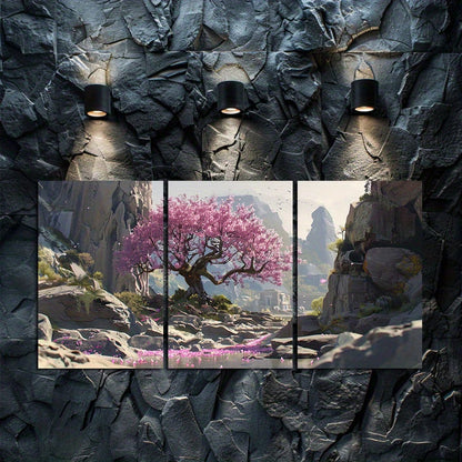 3pcs Serene Pink Tree in Rocky River Scene Wall Art Set Canvas Framed 60x90cm - High Quality Print 100% Australian Made Wall Canvas Ready to Hang