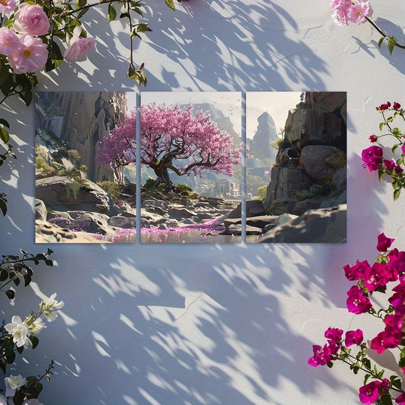 3pcs Serene Pink Tree in Rocky River Scene Wall Art Set Canvas Framed 60x90cm - High Quality Print 100% Australian Made Wall Canvas Ready to Hang