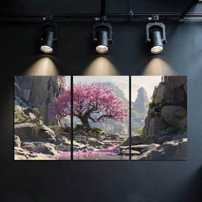 3pcs Serene Pink Tree in Rocky River Scene Wall Art Set Canvas Framed 40x60cm - High Quality Print 100% Australian Made Wall Canvas Ready to Hang