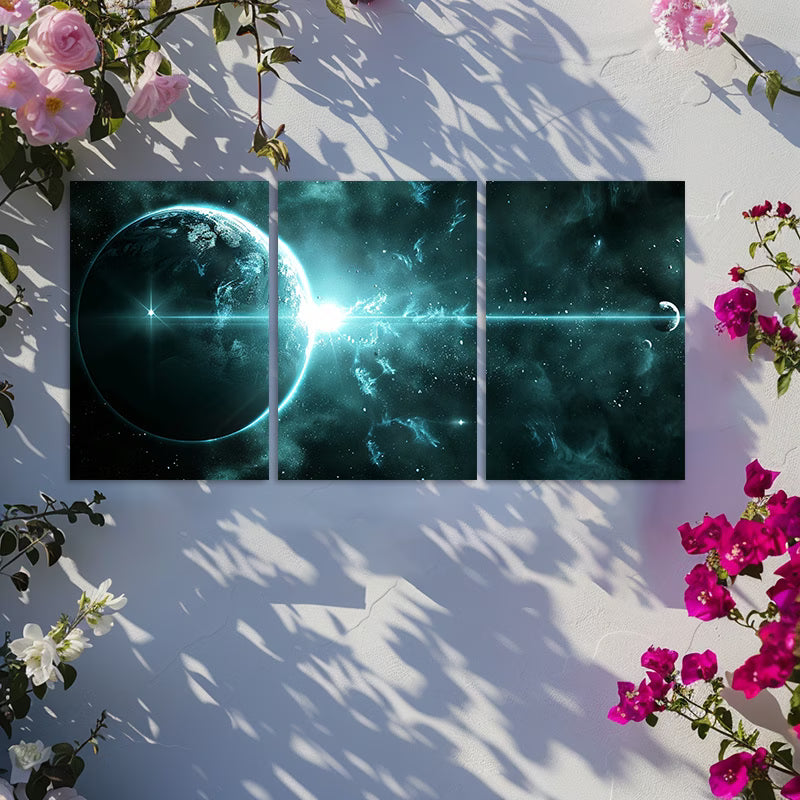 3pcs Blue Light Alien Planet to Space Station Wall Art Set Canvas Framed 40x60cm - High Quality Print 100% Australian Made Wall Canvas Ready to Hang - Bella Home Decor