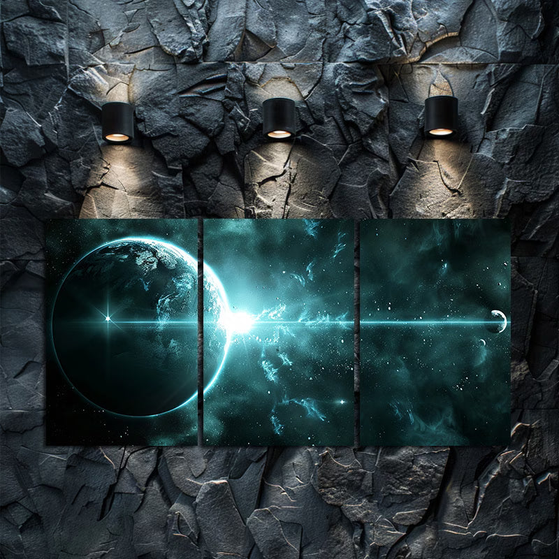 3pcs Blue Light Alien Planet to Space Station Wall Art Set Canvas Framed 40x60cm - High Quality Print 100% Australian Made Wall Canvas Ready to Hang - Bella Home Decor