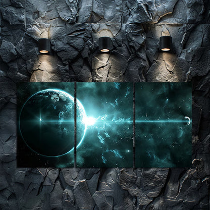 3pcs Blue Light Alien Planet to Space Station Wall Art Set Canvas Framed 50x70cm - High Quality Print 100% Australian Made Wall Canvas Ready to Hang - Bella Home Decor