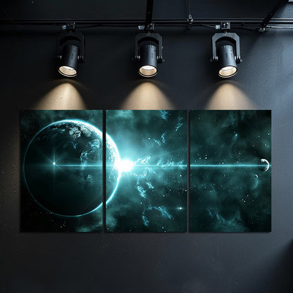 3pcs Blue Light Alien Planet to Space Station Wall Art Set Canvas Framed 40x60cm - High Quality Print 100% Australian Made Wall Canvas Ready to Hang - Bella Home Decor