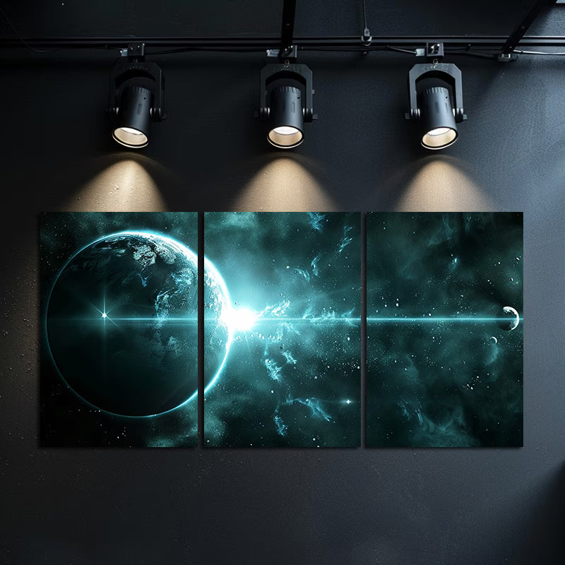 3pcs Blue Light Alien Planet to Space Station Wall Art Set Canvas Framed 50x70cm - High Quality Print 100% Australian Made Wall Canvas Ready to Hang - Bella Home Decor
