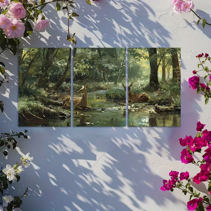 3pcs Forest Deer & Trees Scene Wall Art Set Canvas Framed 40x60cm - High Quality Print 100% Australian Made Wall Canvas Ready to Hang - Bella Home Decor