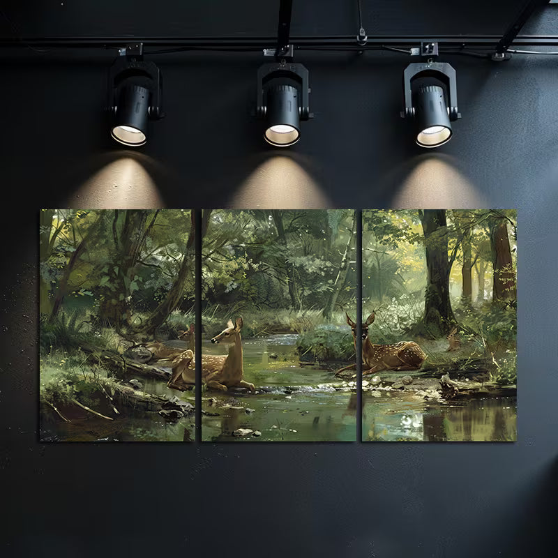 3pcs Forest Deer & Trees Scene Wall Art Set Canvas Framed 60x90cm - High Quality Print 100% Australian Made Wall Canvas Ready to Hang - Bella Home Decor