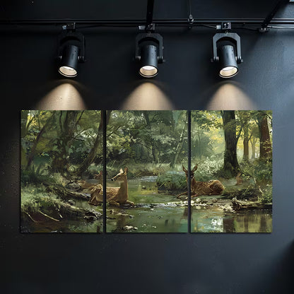 3pcs Forest Deer & Trees Scene Wall Art Set Canvas Framed 60x90cm - High Quality Print 100% Australian Made Wall Canvas Ready to Hang - Bella Home Decor