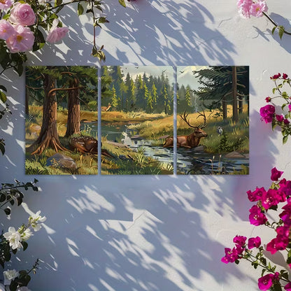 3pcs Forest and Deer Scene with Trees and Grass Wall Art Set Canvas Framed 40x60cm - High Quality Print 100% Australian Made Wall Canvas Ready to Hang - Bella Home Decor