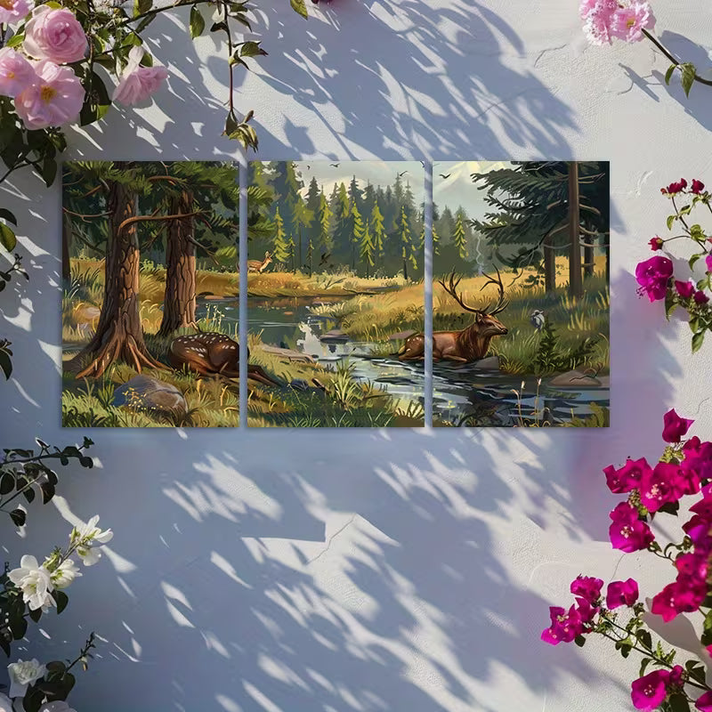 3pcs Forest and Deer Scene with Trees and Grass Wall Art Set Canvas Framed 50x70cm - High Quality Print 100% Australian Made Wall Canvas Ready to Hang - Bella Home Decor