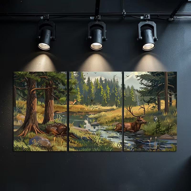 3pcs Forest and Deer Scene with Trees and Grass Wall Art Set Canvas Framed 60x90cm - High Quality Print 100% Australian Made Wall Canvas Ready to Hang - Bella Home Decor