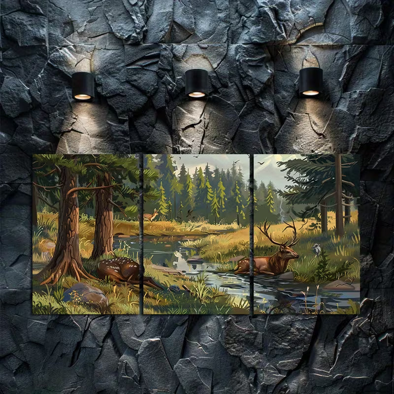 3pcs Forest and Deer Scene with Trees and Grass Wall Art Set Canvas Framed 40x60cm - High Quality Print 100% Australian Made Wall Canvas Ready to Hang - Bella Home Decor