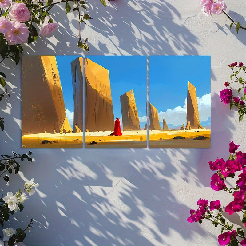 3pcs Red Knight and Geometric Monoliths Desert Wall Art Set Canvas Framed 60x90cm - High Quality Print 100% Australian Made Wall Canvas Ready to Hang