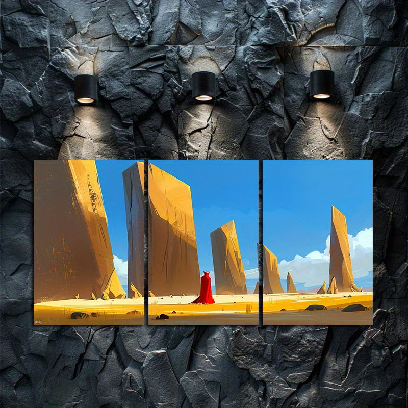 3pcs Red Knight and Geometric Monoliths Desert Wall Art Set Canvas Framed 40x60cm - High Quality Print 100% Australian Made Wall Canvas Ready to Hang