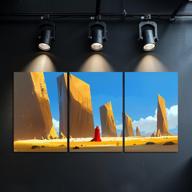3pcs Red Knight and Geometric Monoliths Desert Wall Art Set Canvas Framed 50x70cm - High Quality Print 100% Australian Made Wall Canvas Ready to Hang
