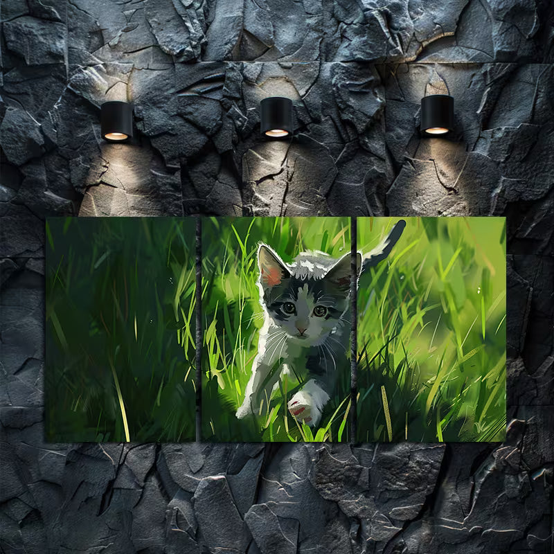 3pcs Cute Grey and White Kitten in Green Grass Wall Art Set Canvas Framed 40x60cm - High Quality Print 100% Australian Made Wall Canvas Ready to Hang - Bella Home Decor