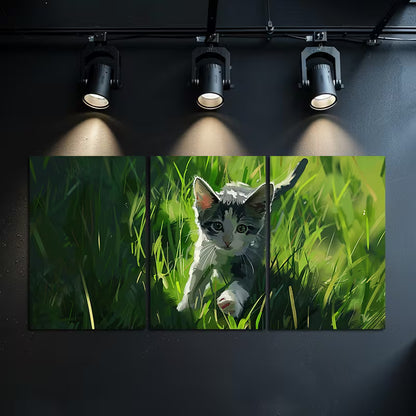 3pcs Cute Grey and White Kitten in Green Grass Wall Art Set Canvas Framed 50x70cm - High Quality Print 100% Australian Made Wall Canvas Ready to Hang - Bella Home Decor