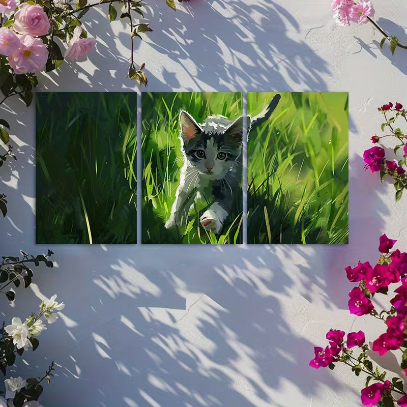 3pcs Cute Grey and White Kitten in Green Grass Wall Art Set Canvas Framed 50x70cm - High Quality Print 100% Australian Made Wall Canvas Ready to Hang - Bella Home Decor