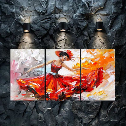 3pcs Flamenco Dancer in a Flowing Red Dress Wall Art Set Canvas Framed 60x90cm - High Quality Print 100% Australian Made Wall Canvas Ready to Hang
