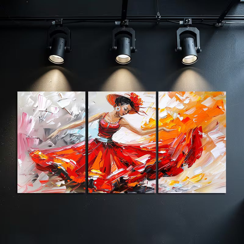 3pcs Flamenco Dancer in a Flowing Red Dress Wall Art Set Canvas Framed 40x60cm - High Quality Print 100% Australian Made Wall Canvas Ready to Hang