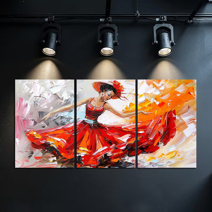 3pcs Flamenco Dancer in a Flowing Red Dress Wall Art Set Canvas Framed 50x70cm - High Quality Print 100% Australian Made Wall Canvas Ready to Hang