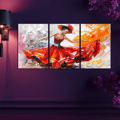 3pcs Flamenco Dancer in a Flowing Red Dress Wall Art Set Canvas Framed 40x60cm - High Quality Print 100% Australian Made Wall Canvas Ready to Hang