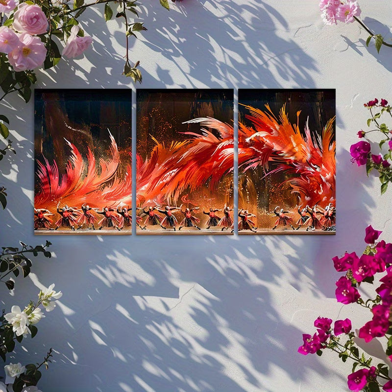 3pcs Vibrant Fiery Phoenix Dance Illustration Wall Art Set Canvas Framed 40x60cm - High Quality Print 100% Australian Made Wall Canvas Ready to Hang