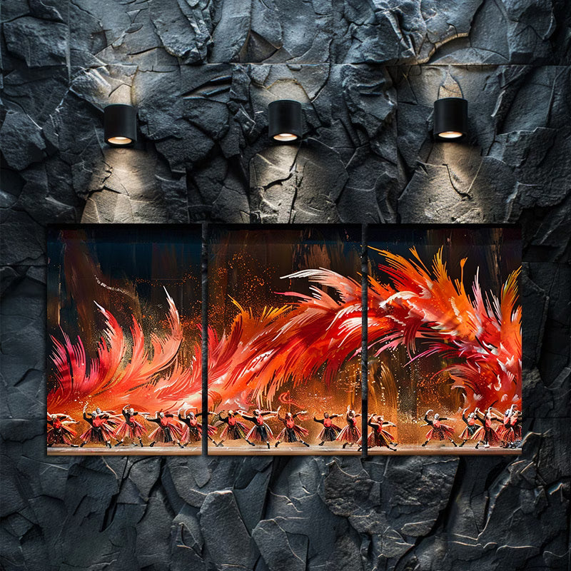 3pcs Vibrant Fiery Phoenix Dance Illustration Wall Art Set Canvas Framed 40x60cm - High Quality Print 100% Australian Made Wall Canvas Ready to Hang