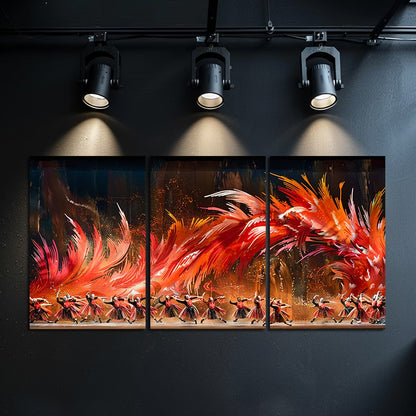 3pcs Vibrant Fiery Phoenix Dance Illustration Wall Art Set Canvas Framed 60x90cm - High Quality Print 100% Australian Made Wall Canvas Ready to Hang