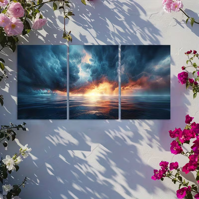 3pcs Dark Sunset Storm Clouds Over Countryside Wall Art Set Canvas Framed 50x70cm - High Quality Print 100% Australian Made Wall Canvas Ready to Hang - Bella Home Decor