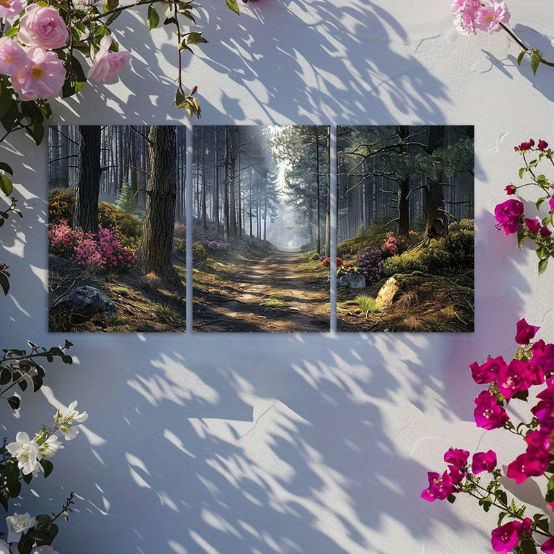 3pcs Tall Pines and Fuchsias Landscape Wall Art Set Canvas Framed 60x90cm - High Quality Print 100% Australian Made Wall Canvas Ready to Hang