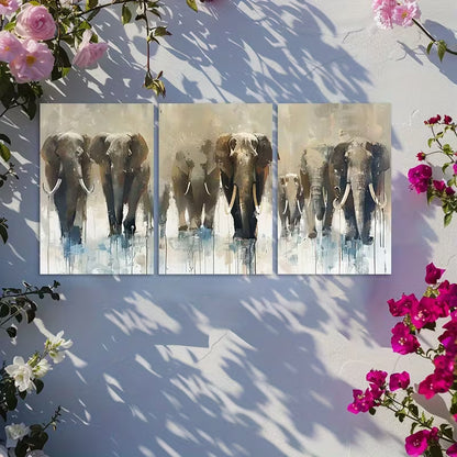 3pcs Prehistoric Wildlife Mammoth Herd Wall Art Set Canvas Framed 40x60cm - High Quality Print 100% Australian Made Wall Canvas Ready to Hang