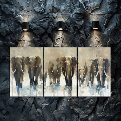 3pcs Prehistoric Wildlife Mammoth Herd Wall Art Set Canvas Framed 40x60cm - High Quality Print 100% Australian Made Wall Canvas Ready to Hang