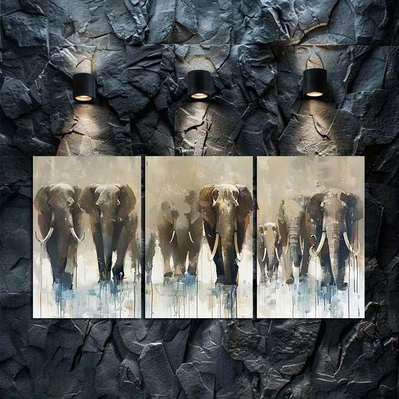 3pcs Prehistoric Wildlife Mammoth Herd Wall Art Set Canvas Framed 50x70cm - High Quality Print 100% Australian Made Wall Canvas Ready to Hang