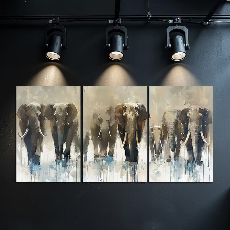 3pcs Prehistoric Wildlife Mammoth Herd Wall Art Set Canvas Framed 50x70cm - High Quality Print 100% Australian Made Wall Canvas Ready to Hang