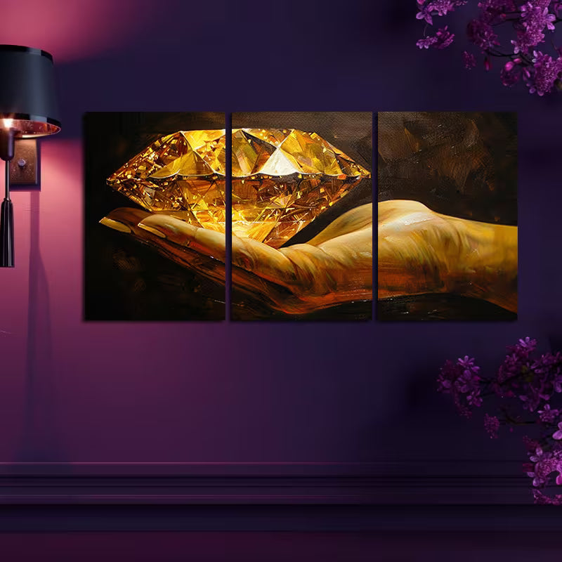 3pcs Golden Diamond in Hand Wall Art Set Canvas Framed 40x60cm - High Quality Print 100% Australian Made Wall Canvas Ready to Hang - Bella Home Decor