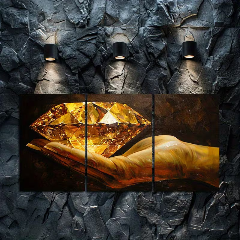 3pcs Golden Diamond in Hand Wall Art Set Canvas Framed 40x60cm - High Quality Print 100% Australian Made Wall Canvas Ready to Hang - Bella Home Decor