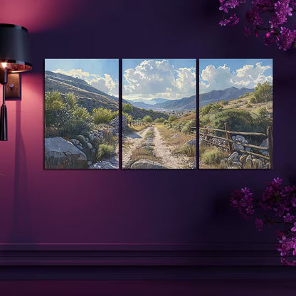 3pcs Sunlit Rugged Valley or Mountain Pass Wall Art Set Canvas Framed 60x90cm - High Quality Print 100% Australian Made Wall Canvas Ready to Hang