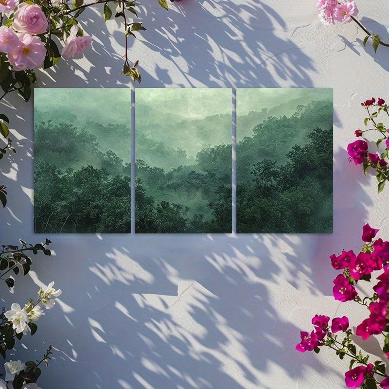 3pcs Mystical Foggy Forest & Green Trees Scene Wall Art Set Canvas Framed 50x70cm - High Quality Print 100% Australian Made Wall Canvas Ready to Hang