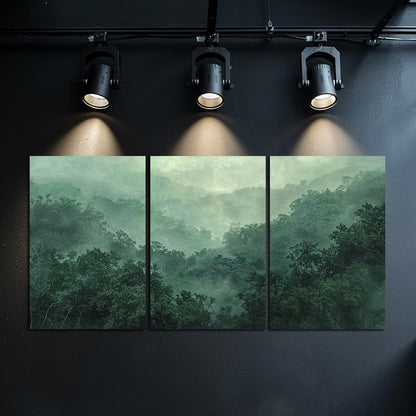 3pcs Mystical Foggy Forest & Green Trees Scene Wall Art Set Canvas Framed 50x70cm - High Quality Print 100% Australian Made Wall Canvas Ready to Hang