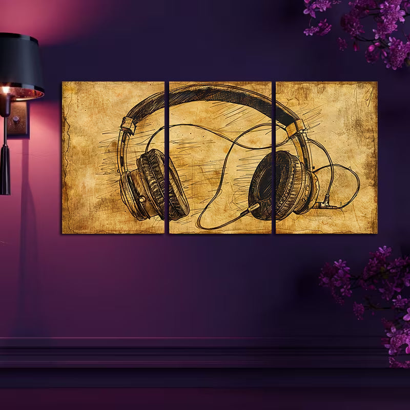 3pcs Doodle on Headphones Wall Art Set Canvas Framed 50x70cm - High Quality Print 100% Australian Made Wall Canvas Ready to Hang - Bella Home Decor