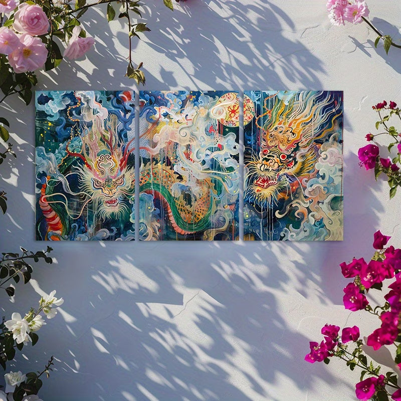 3pcs Dragons Appeared Faintly Amidst The Smoke Wall Art Set Canvas Framed 40x60cm - High Quality Print 100% Australian Made Wall Canvas Ready to Hang - Bella Home Decor